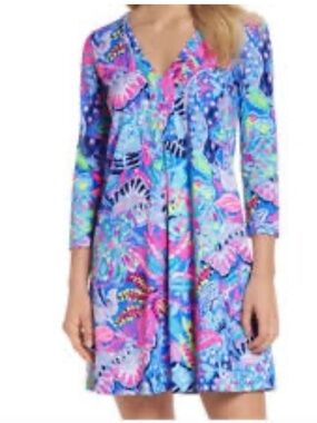 Lilly Pulitzer Amina Vibrant Floral-Print A-Line Dress in Blue & Pink Sz XXS